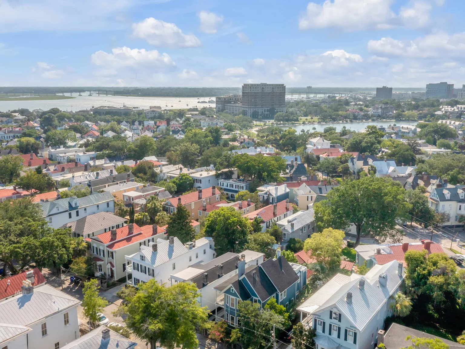 Aerial view across Charleston's South of Broad neighborhood